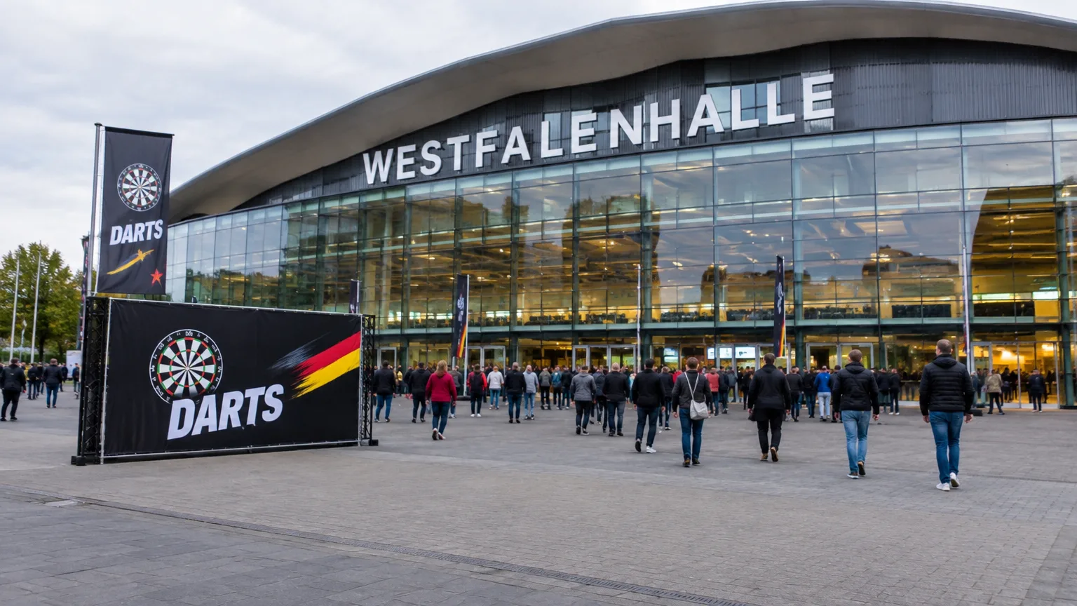 Illustration zum Thema: Darts-EM in Dortmund gestartet: Rund 3.000 Fans und auffällige Kostüme