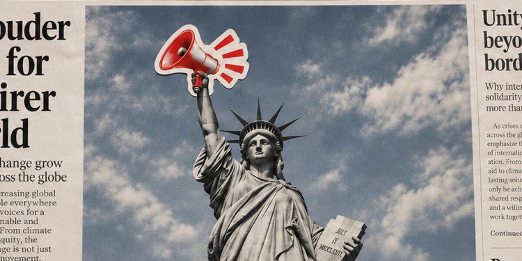 Zu sehen ist eine Fotomontage, die eine Freiheitsstatue mit Megaphon in der Hand zeigt.© Uni MS – Web und Design