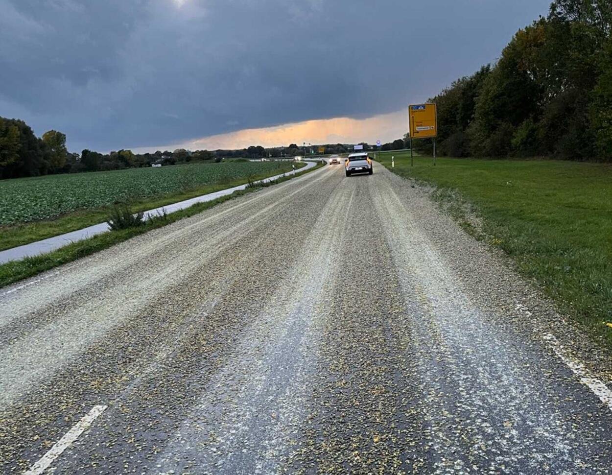 Artikelbild der Quelle zu: Traktor verliert Ladung: Kürbiskerne sorgen für gefährlich glatte Straßen