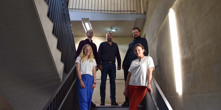 Zu sehen ist ein Teil des Teams aus dem Zentrum für Wissenschaftstheorie auf einer Treppe im Philosophikum.© Uni MS - André Bednarz