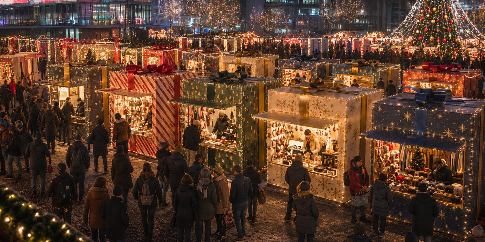 Santas Weihanchtsmarkt mit Ständen, die aussehen wie Geschenke.